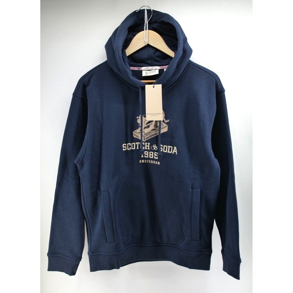 New Scotch & Soda Amsterdam Night Fleece Hoodie‎ Mens Small Navy Relaxed Graphic